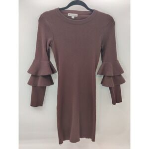 Settledown Womens Ribbed Knit Mini Dress Ruffle Tiered Sleeve Brown Medium